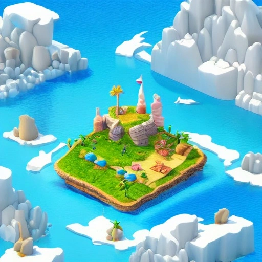 53617-99-isometric detailed island in the sky containing 3d hero 3d cows and portals, soft smooth lighting, soft colors, yellow and blue.webp